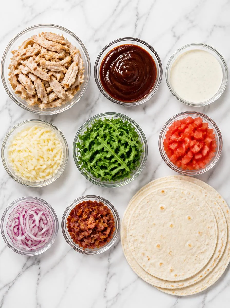 A flat-lay arrangement of chicken, BBQ sauce, ranch, cheese, vegetables, and tortillas on a marble surface.