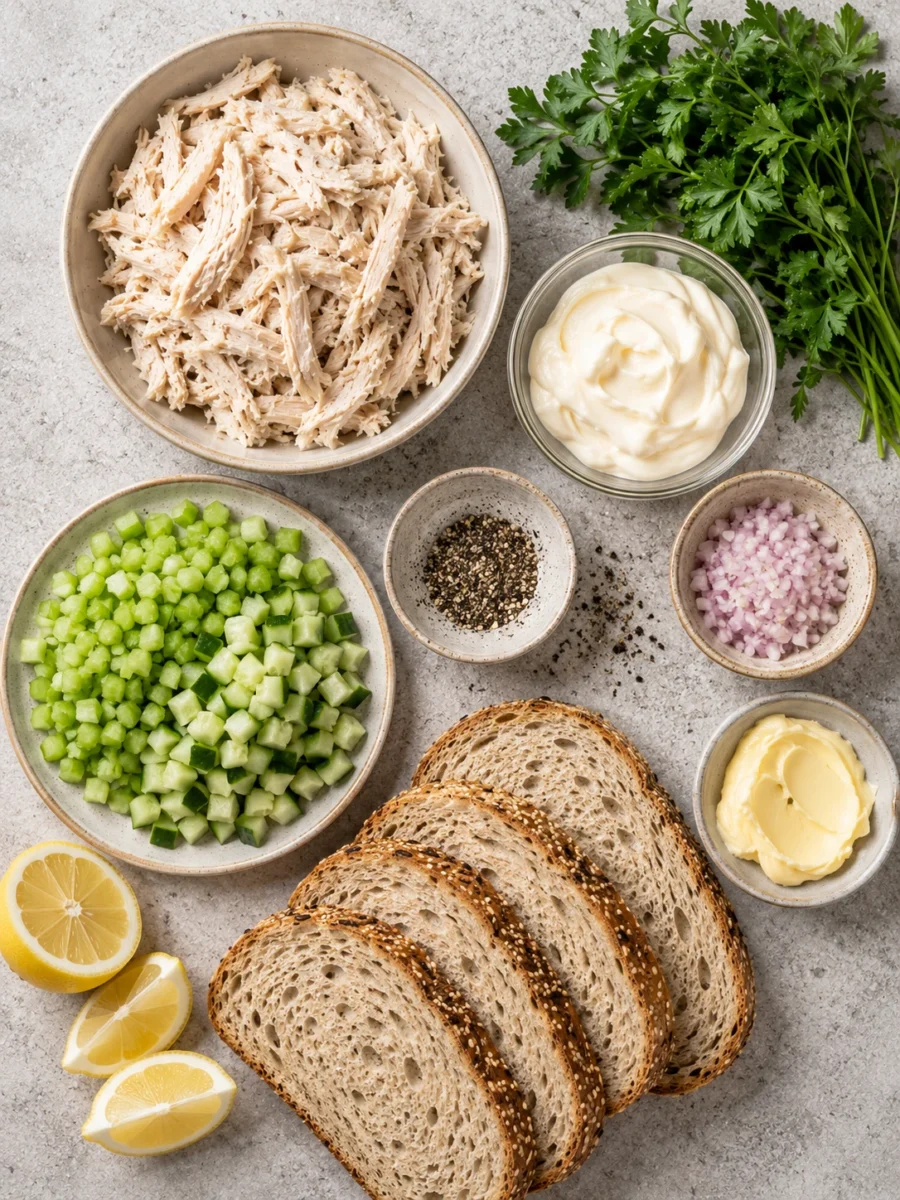 Top-down view of shredded chicken, mayonnaise, herbs, and sourdough bread on a stone counter.