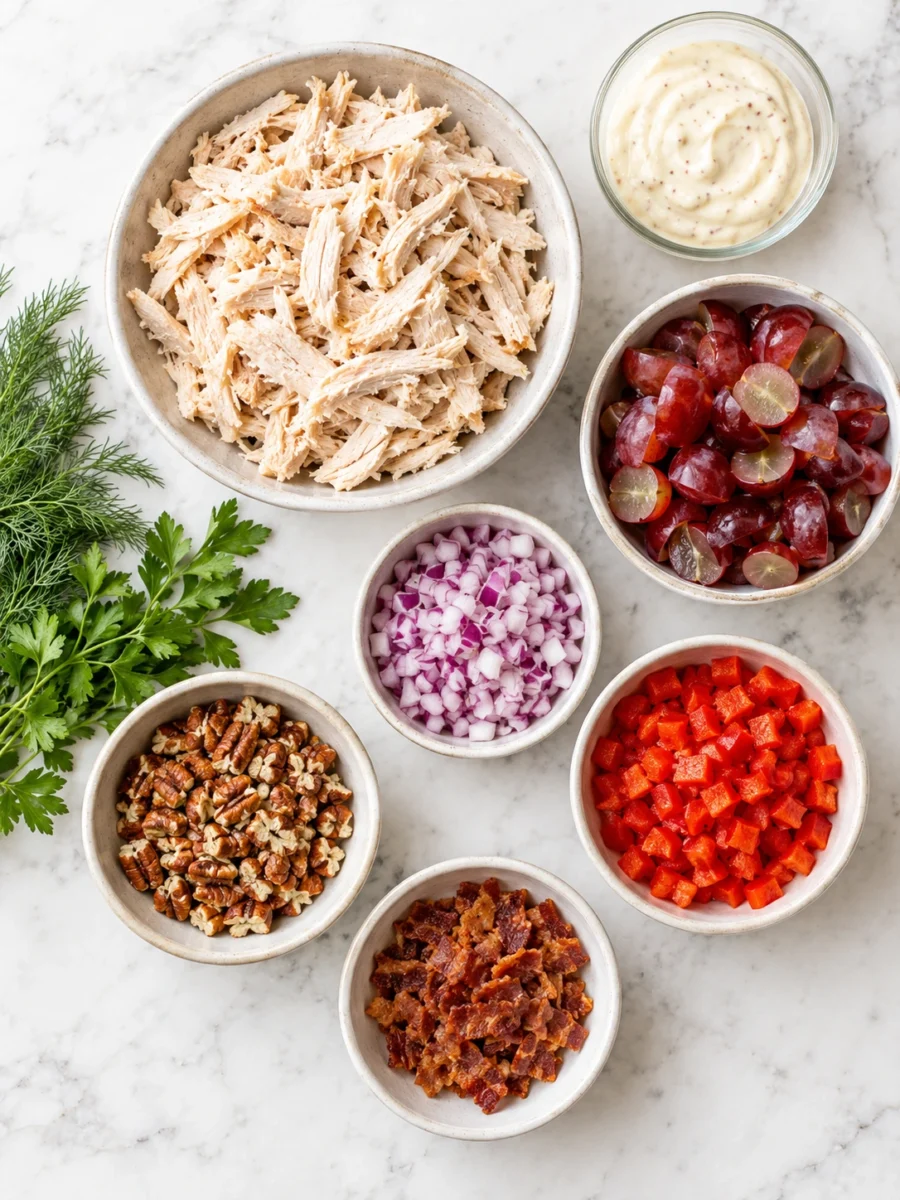An overhead view of bowls containing shredded chicken, red grapes, pecans, red bell pepper, and turkey bacon on marble.