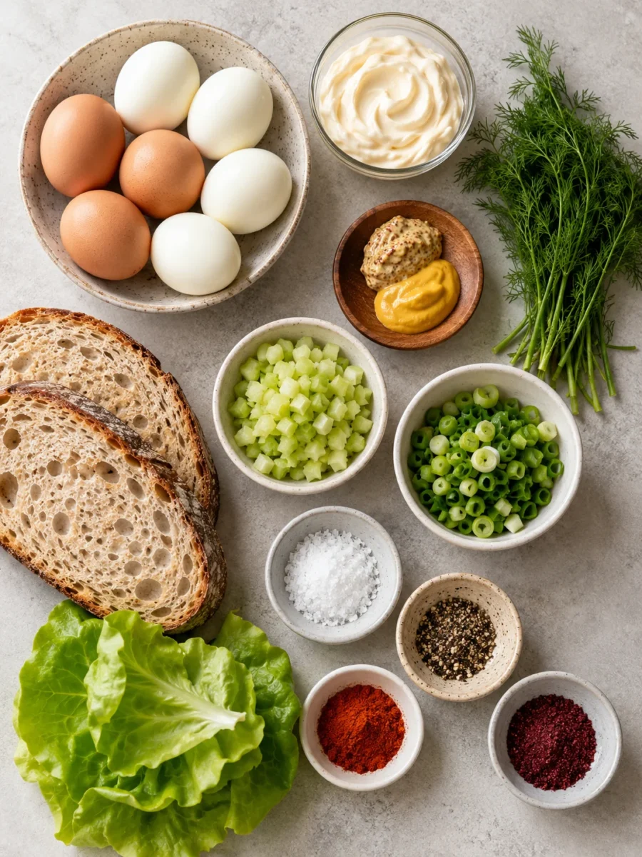 Overhead view of eggs, mayonnaise, mustard, celery, green onions, dill, and spices on a stone surface.