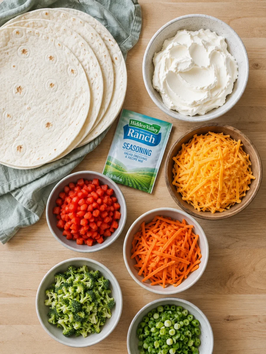 Overhead view of tortillas, cream cheese, ranch seasoning, shredded cheddar, and various colorful chopped vegetables.