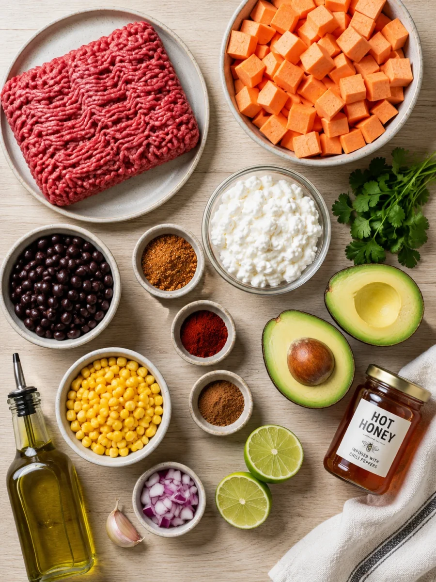 ground beef sweet potato bowl Raw ingredients including ground beef, sweet potatoes, cottage cheese, avocado, beans, corn, and spices laid out on a wooden table.