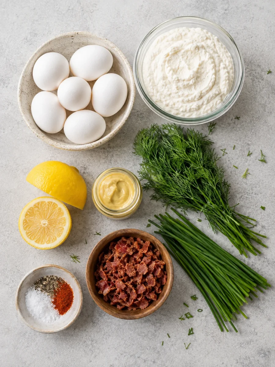 Overhead view of eggs, cottage cheese, fresh herbs, lemon, and turkey bacon on a stone surface.