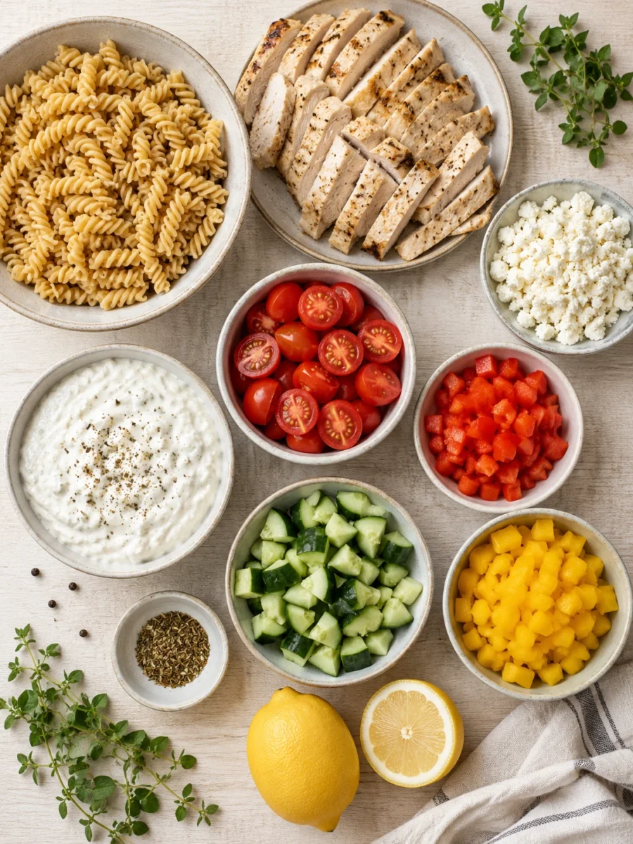 A flat-lay view of chickpea pasta, chicken, cottage cheese, and various fresh vegetables arranged on a wooden table.