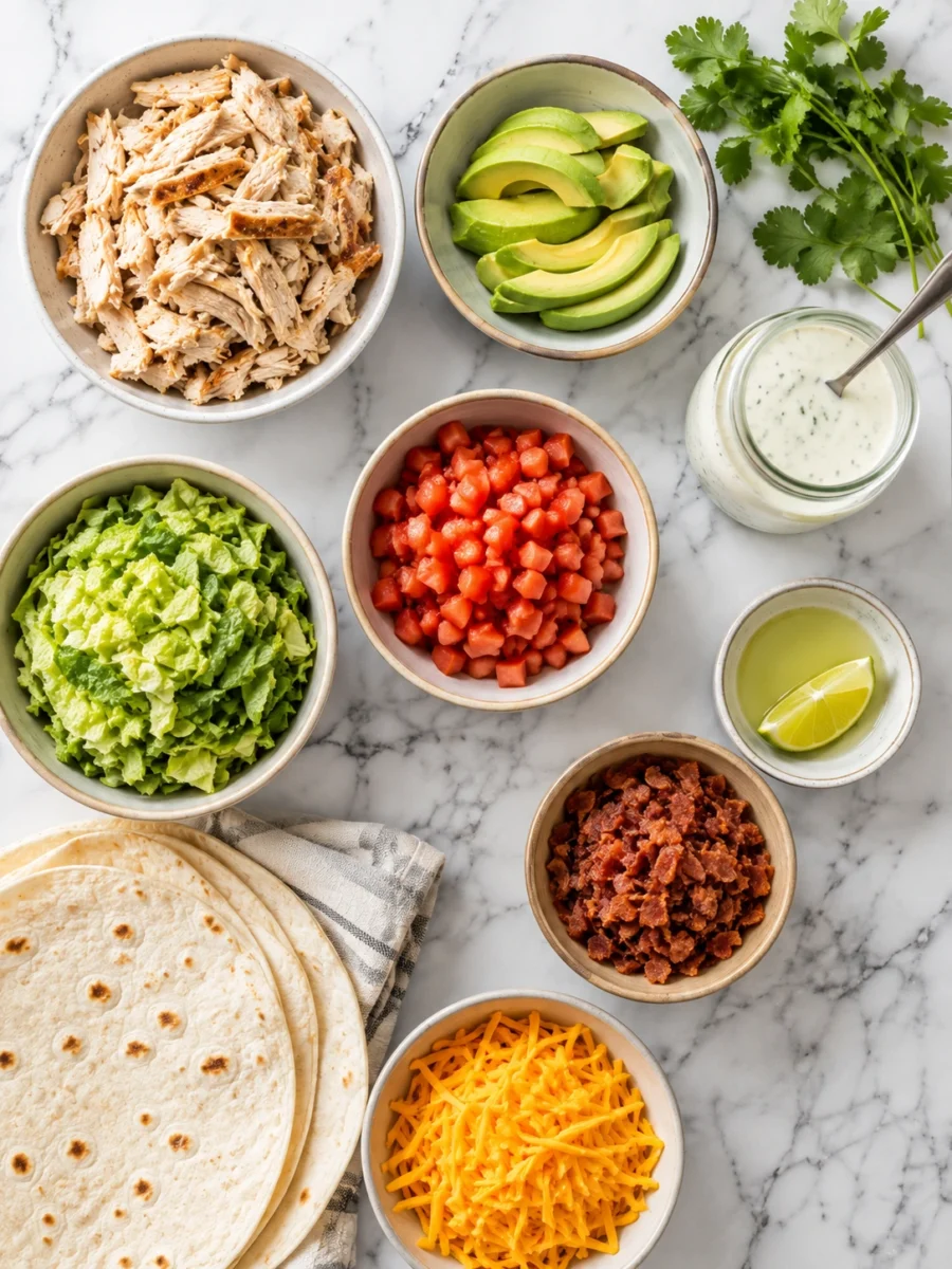 A top-down view of bowls containing chicken, avocado, bacon, cheese, and fresh vegetables arranged on a marble surface.