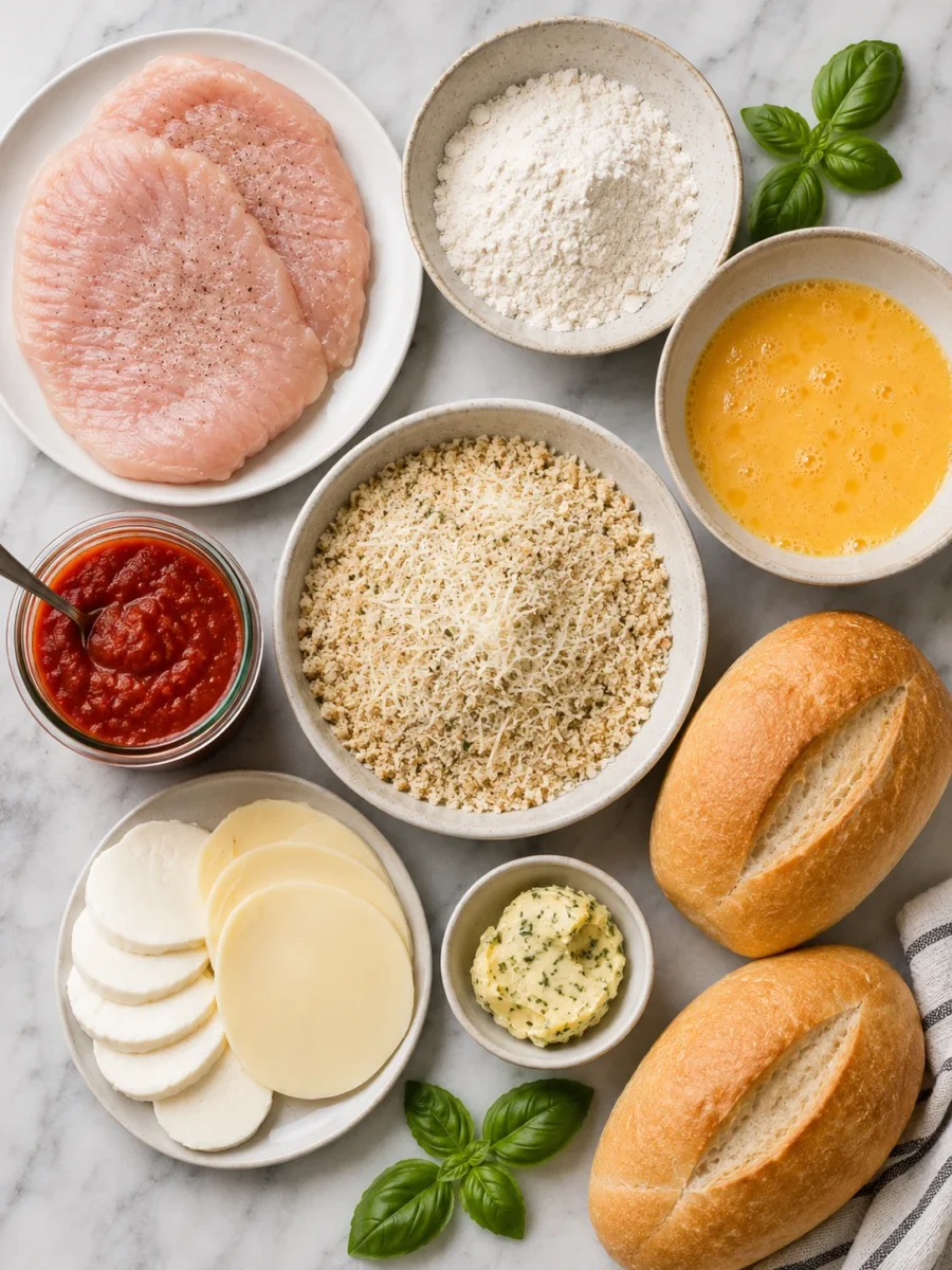 An overhead view of chicken breasts, breadcrumbs, parmesan, marinara sauce, and cheese slices on a marble countertop.