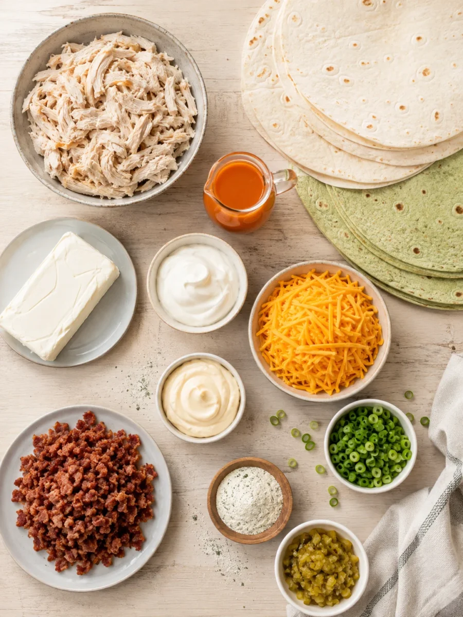 Overhead view of chicken pinwheel ingredients including shredded chicken, tortillas, cream cheese, buffalo sauce, and turkey bacon.