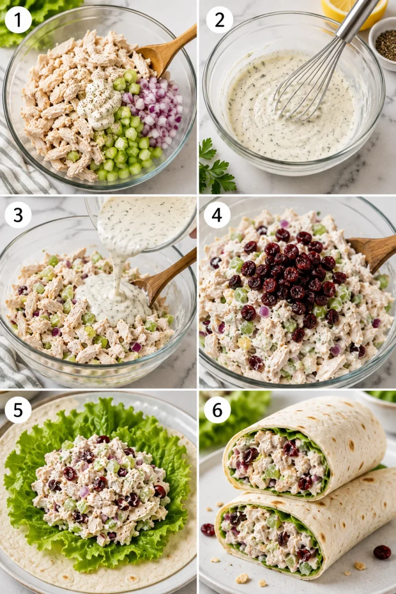 Overhead view of shredded chicken, celery, red onion, cranberries, Greek yogurt, and tortillas on a marble surface.
