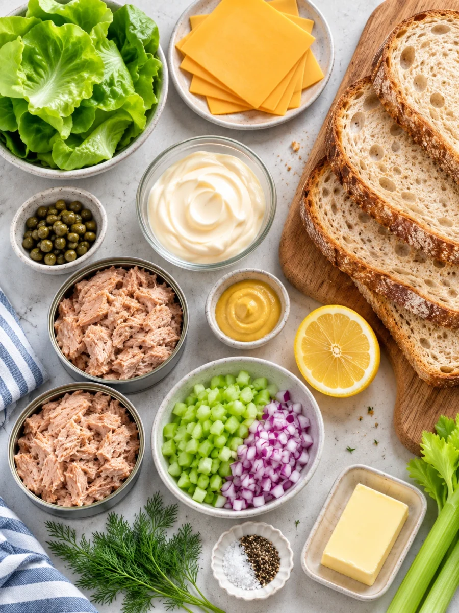 Tuna Salad Sandwich Flat-lay arrangement of canned tuna, mayonnaise, celery, red onion, dill, lemon, and sourdough bread slices.