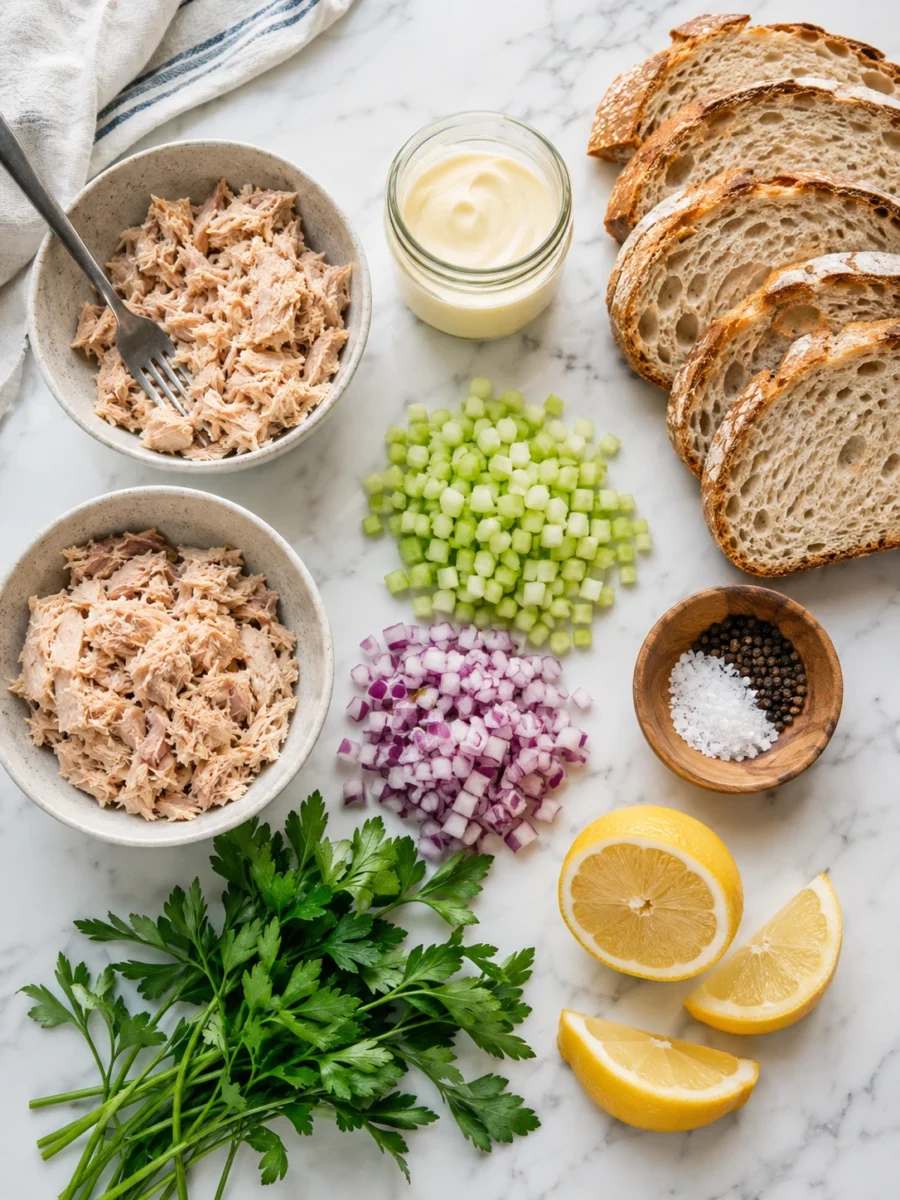 Overhead view of tuna salad ingredients including canned tuna, mayo, diced celery, red onion, lemon, parsley, and sourdough bread slices on a marble surface.