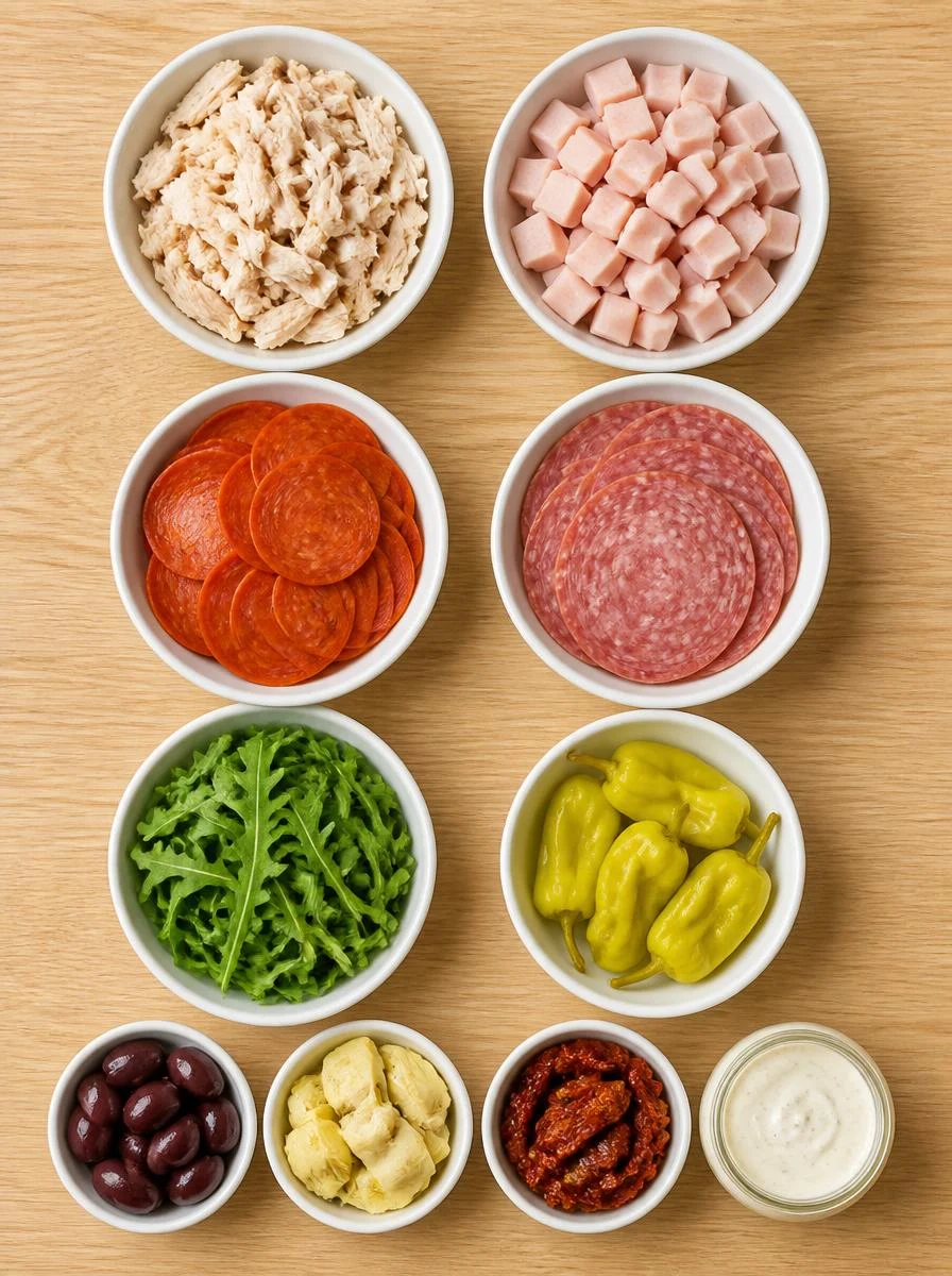 An organized overhead layout of fresh ingredients including shredded chicken, halal deli meats, arugula, and Mediterranean vegetables in white bowls.