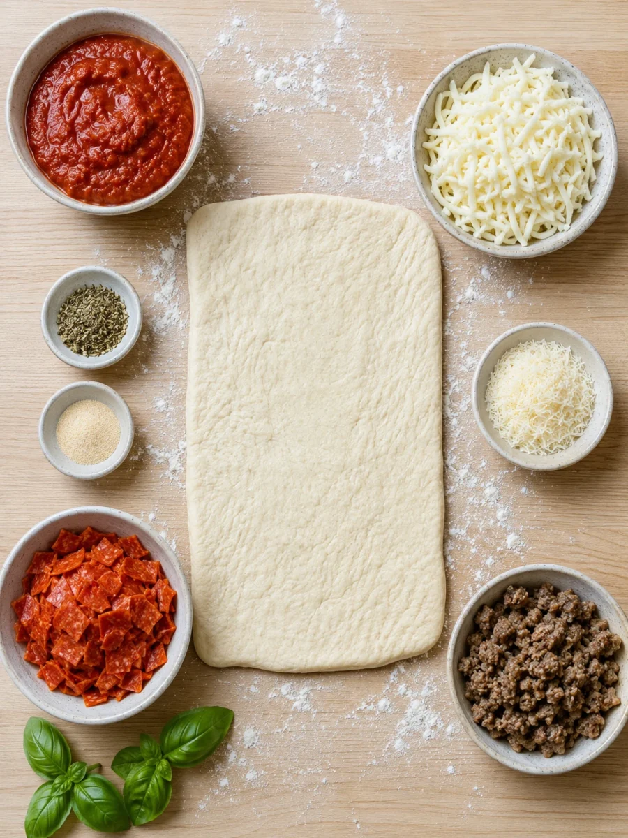 Overhead view of pizza dough, marinara sauce, mozzarella cheese, chopped beef pepperoni, and beef sausage crumbles.