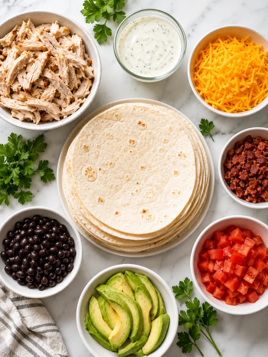 An overhead view of bowls containing shredded chicken, ranch dressing, cheese, beef bacon, tomatoes, avocado, and black beans on a marble surface.