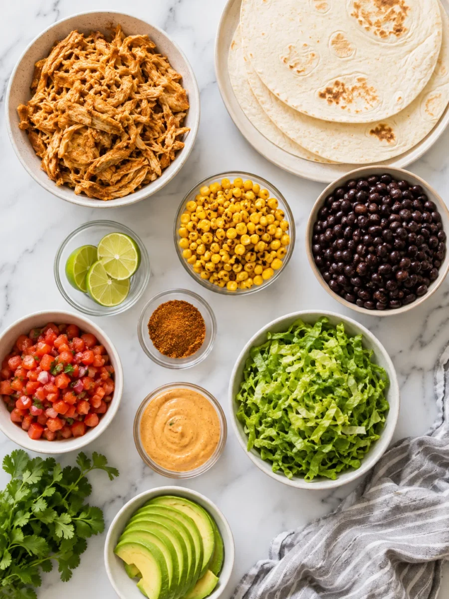 Overhead view of fresh ingredients including chicken, black beans, corn, avocado, and spices arranged on a white marble countertop.