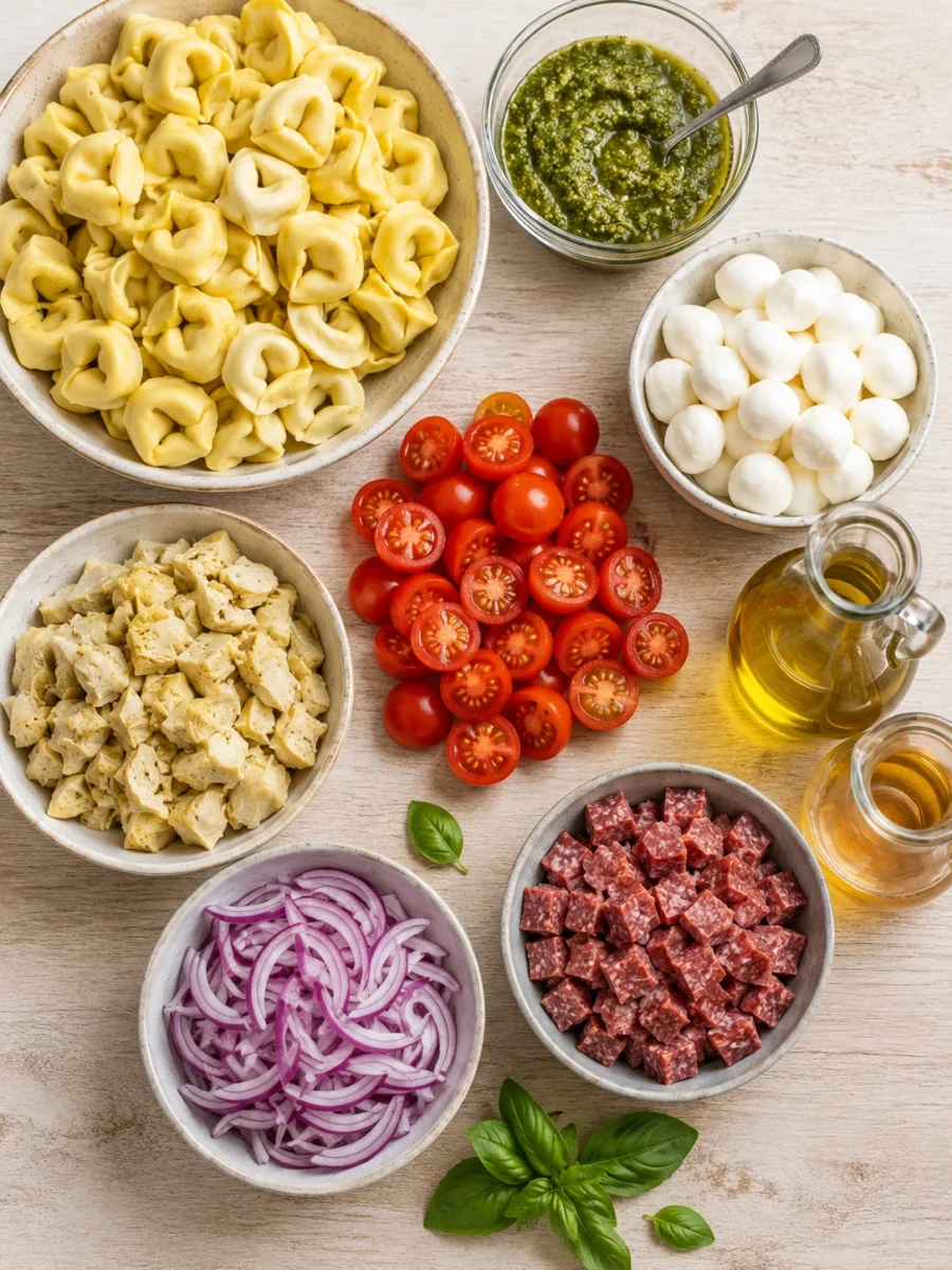 Overhead view of tortellini, pesto, mozzarella, tomatoes, artichoke hearts, red onion, and beef salami on a wooden board.