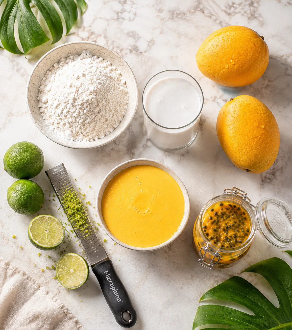 Fresh Ingredients for Tropical Mango Pancakes Tropical Mango Pancakes A flat-lay view of mangoes, coconut milk, flour, limes, and passionfruit pulp on a marble countertop.
