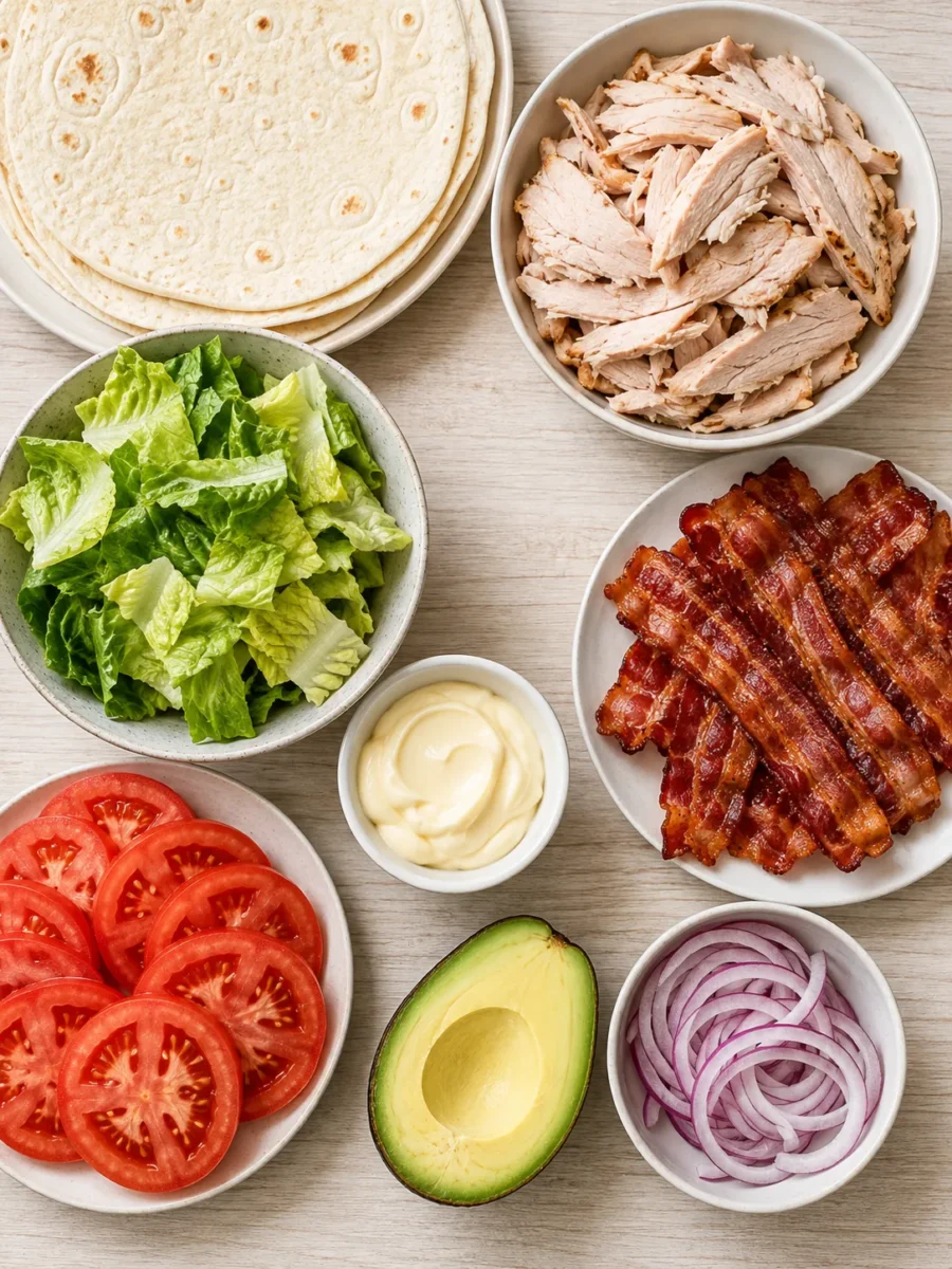 An organized flat-lay of tortilla, turkey, bacon, lettuce, tomato, avocado, and mayo on a wooden board.