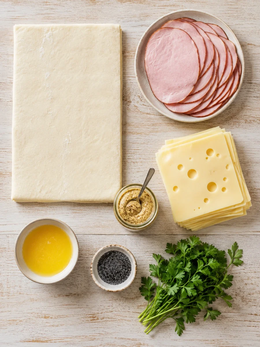 Ham and Cheese Pinwheels : Overhead view of puff pastry, sliced turkey ham, Swiss cheese, Dijon mustard, and poppy seeds on a wooden table.