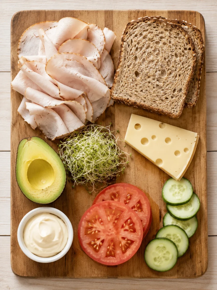 An overhead view of sandwich ingredients including sliced turkey, whole grain bread, avocado, sprouts, tomato, and cucumber on a wooden board.