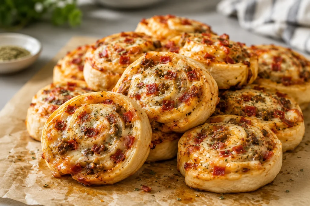 A close-up shot of several baked pizza pinwheels with melted mozzarella, beef pepperoni, and beef sausage on parchment paper.