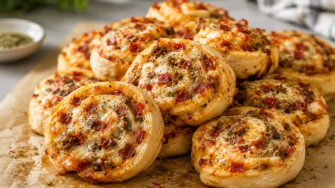 A close-up shot of several baked pizza pinwheels with melted mozzarella, beef pepperoni, and beef sausage on parchment paper.