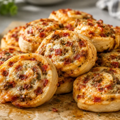 A close-up shot of several baked pizza pinwheels with melted mozzarella, beef pepperoni, and beef sausage on parchment paper.