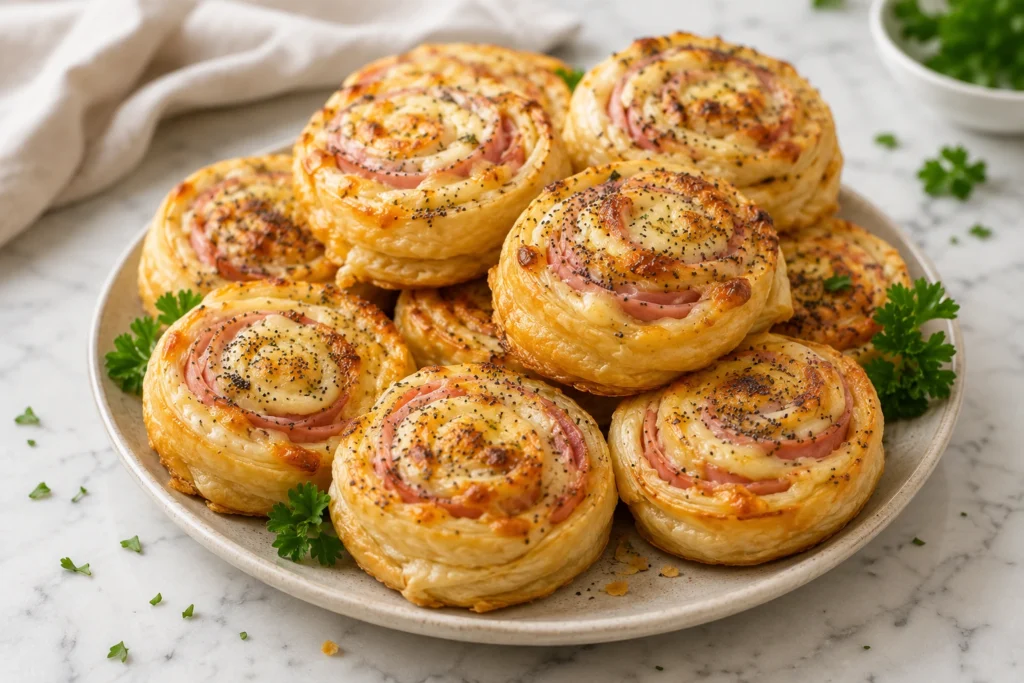Ham and Cheese Pinwheels: Close-up of golden brown flaky pastry pinwheels filled with melted cheese and turkey ham, topped with poppy seeds.