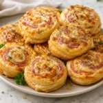 Ham and Cheese Pinwheels: Close-up of golden brown flaky pastry pinwheels filled with melted cheese and turkey ham, topped with poppy seeds.