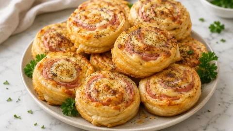 Ham and Cheese Pinwheels: Close-up of golden brown flaky pastry pinwheels filled with melted cheese and turkey ham, topped with poppy seeds.