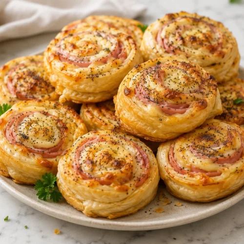 Ham and Cheese Pinwheels: Close-up of golden brown flaky pastry pinwheels filled with melted cheese and turkey ham, topped with poppy seeds.