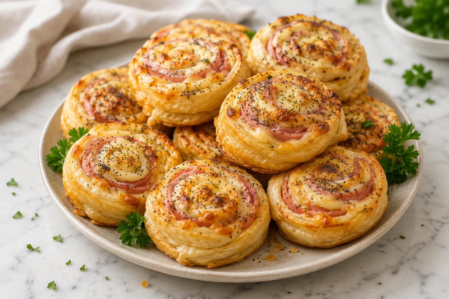 Ham and Cheese Pinwheels: Close-up of golden brown flaky pastry pinwheels filled with melted cheese and turkey ham, topped with poppy seeds.