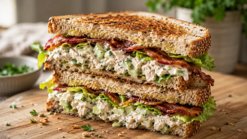 Close-up of a stacked chicken mayo sandwich on seeded sourdough with crispy beef bacon and lettuce on a wooden board.