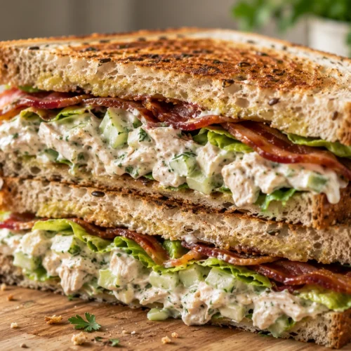 Close-up of a stacked chicken mayo sandwich on seeded sourdough with crispy beef bacon and lettuce on a wooden board.