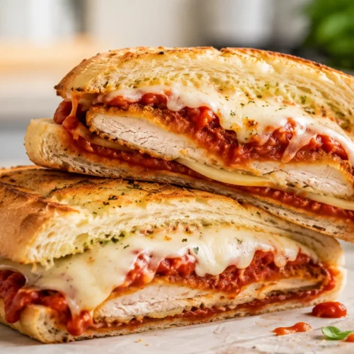 A close-up, high-angle shot of a crispy chicken parmesan sandwich on a toasted hoagie roll with melted mozzarella and marinara sauce.