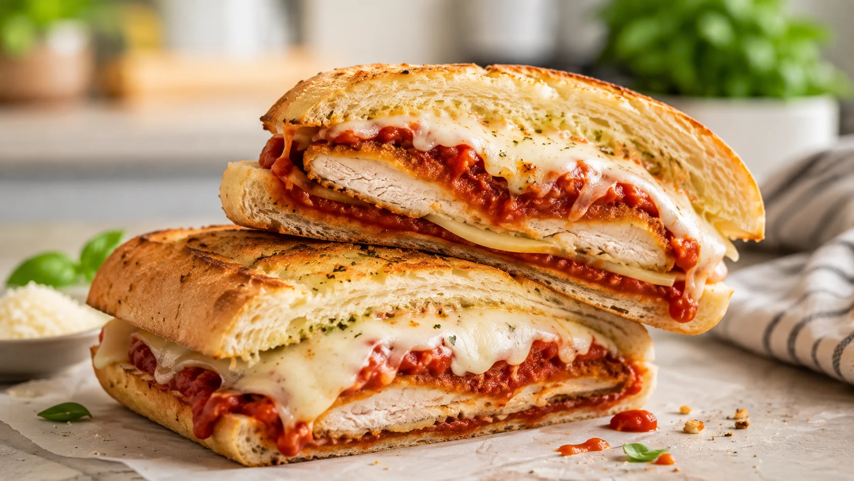 A close-up, high-angle shot of a crispy chicken parmesan sandwich on a toasted hoagie roll with melted mozzarella and marinara sauce.