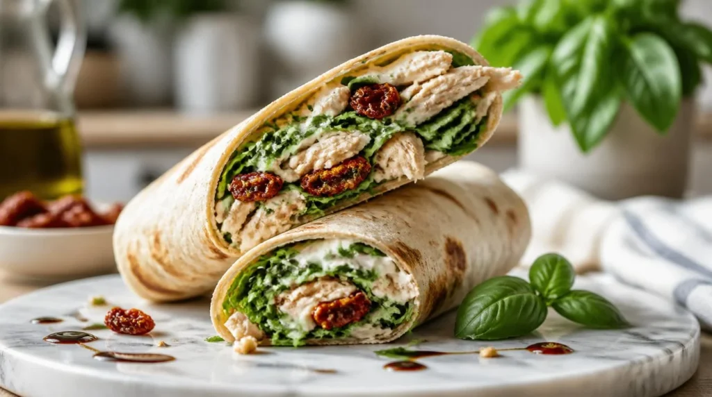 Two halves of a loaded Italian chicken wrap showing shredded chicken, arugula, and colorful vegetables on a marble platter.