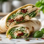 Two halves of a loaded Italian chicken wrap showing shredded chicken, arugula, and colorful vegetables on a marble platter.