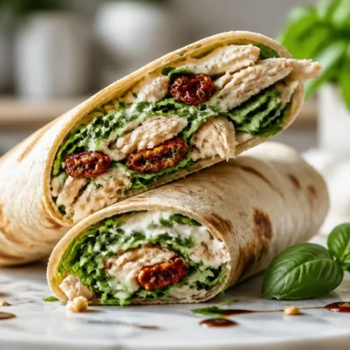 Two halves of a loaded Italian chicken wrap showing shredded chicken, arugula, and colorful vegetables on a marble platter.