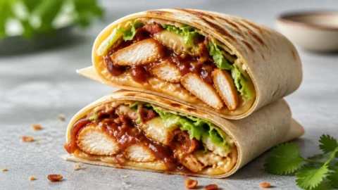 Two halves of a toasted BBQ chicken wrap stacked to reveal shredded chicken, melted cheese, and fresh vegetables.