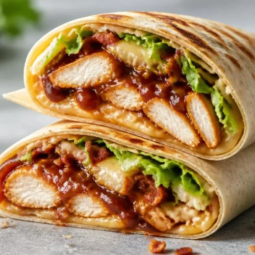 Two halves of a toasted BBQ chicken wrap stacked to reveal shredded chicken, melted cheese, and fresh vegetables.