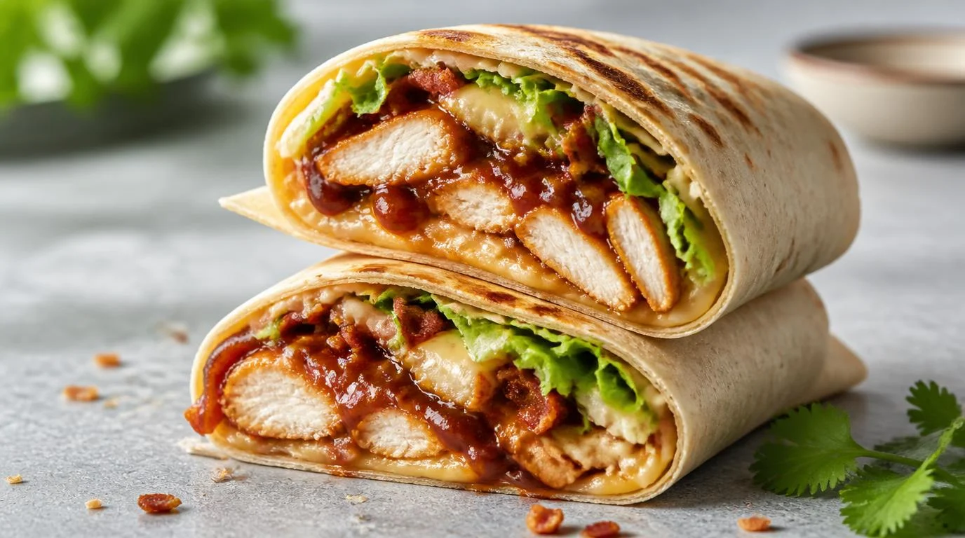 Two halves of a toasted BBQ chicken wrap stacked to reveal shredded chicken, melted cheese, and fresh vegetables.