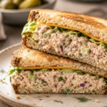 Close-up of a halved tuna fish sandwich on toasted sourdough with melted cheddar and fresh lettuce on a ceramic plate.