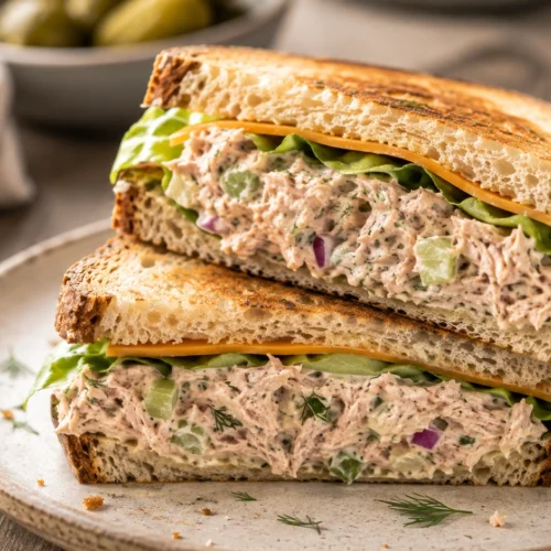 Close-up of a halved tuna fish sandwich on toasted sourdough with melted cheddar and fresh lettuce on a ceramic plate.
