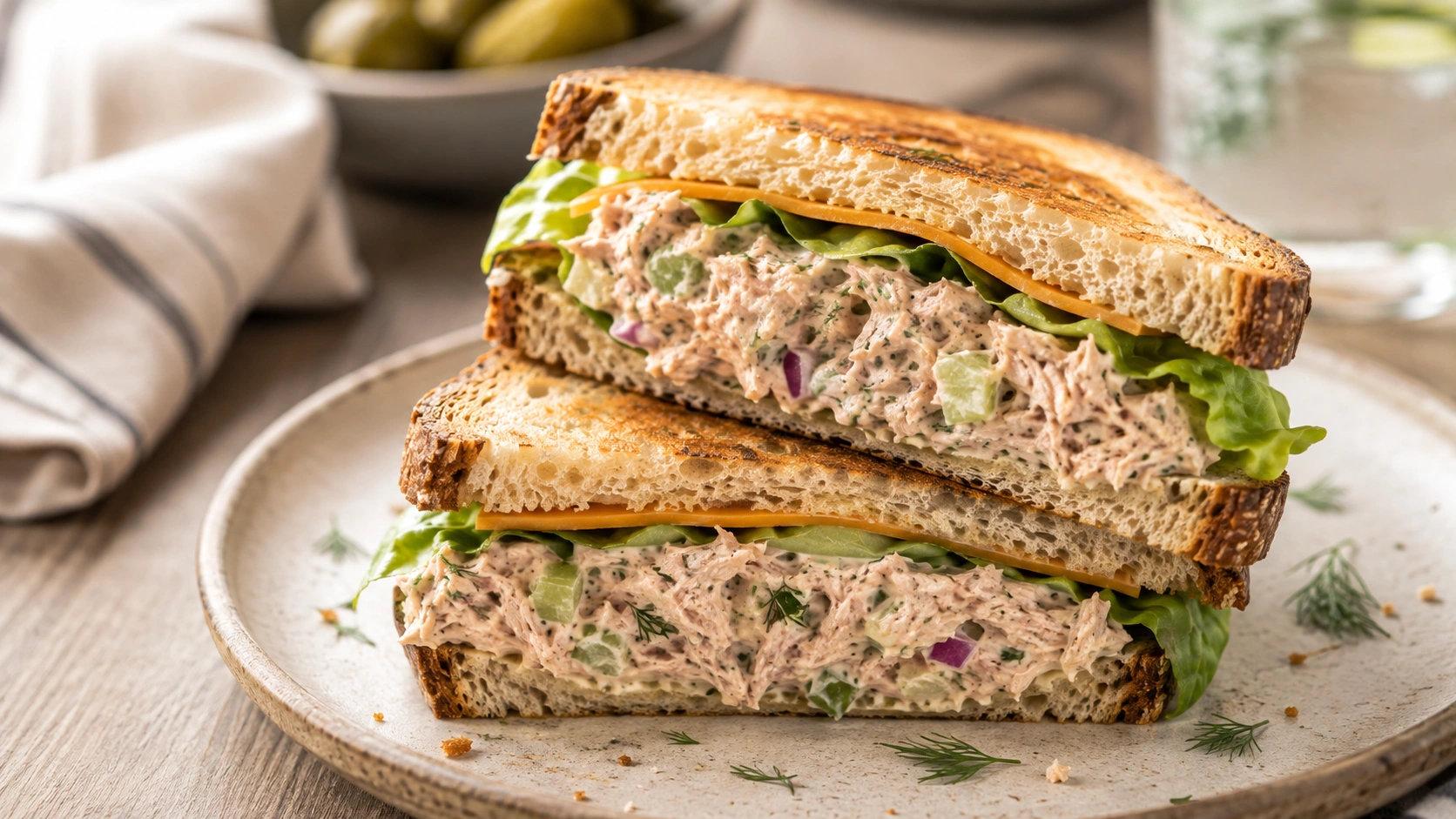 Close-up of a halved tuna fish sandwich on toasted sourdough with melted cheddar and fresh lettuce on a ceramic plate.