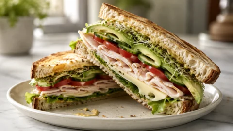 A close-up, cross-section view of a toasted turkey sandwich with layers of turkey, cheese, lettuce, tomato, cucumber, avocado, and sprouts on sourdough bread.