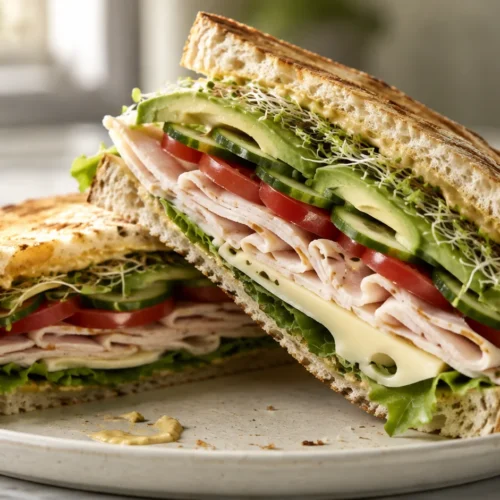 A close-up, cross-section view of a toasted turkey sandwich with layers of turkey, cheese, lettuce, tomato, cucumber, avocado, and sprouts on sourdough bread.
