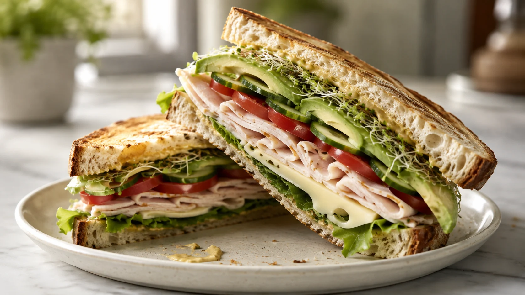 A close-up, cross-section view of a toasted turkey sandwich with layers of turkey, cheese, lettuce, tomato, cucumber, avocado, and sprouts on sourdough bread.