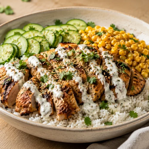 A professionally styled chicken rice bowl with sliced seared chicken, jasmine rice, cucumbers, corn, and a creamy drizzle on a wooden table.