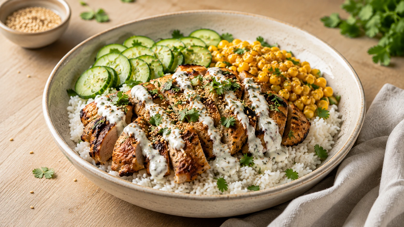 A professionally styled chicken rice bowl with sliced seared chicken, jasmine rice, cucumbers, corn, and a creamy drizzle on a wooden table.