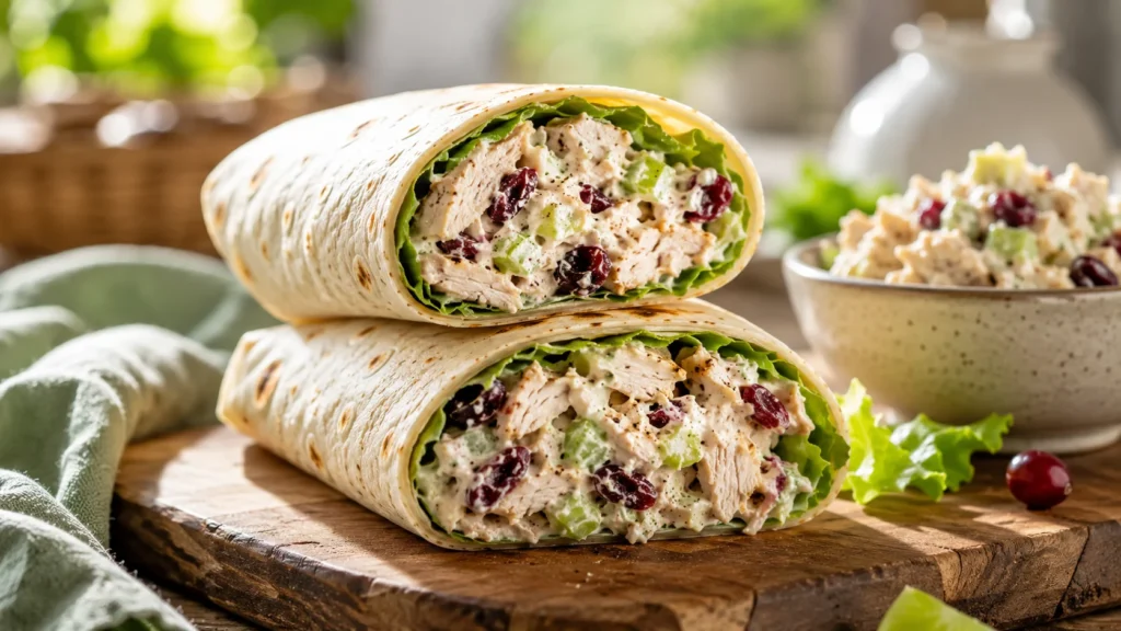 Two halves of a creamy chicken salad wrap with shredded chicken, cranberries, and lettuce on a wooden board.